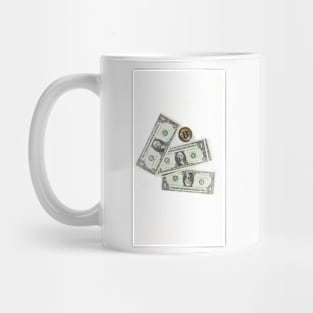 Bitcoin coin and dollars. Concept of mining business, wealth, fortune, success Mug